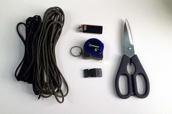 Tire Tread Paracord Survival Bracelet Supplies: scissors, measuring tape, buckle, lighter, 2 9ft paracord strands