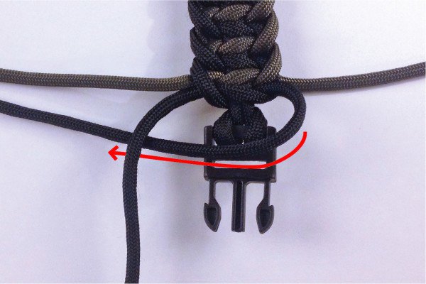 To finish it off, take the last cord you ended with and pull it over the center and under the left piece.