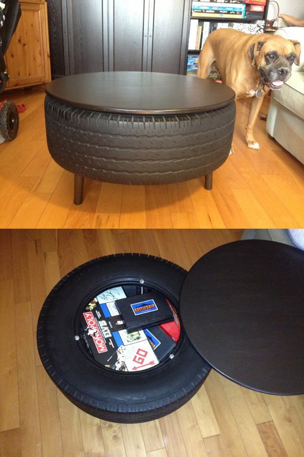 Upcycled Tire Coffee Table | More Awesome Man Cave Ideas For Manly Crafts Lovers | small man cave furniture