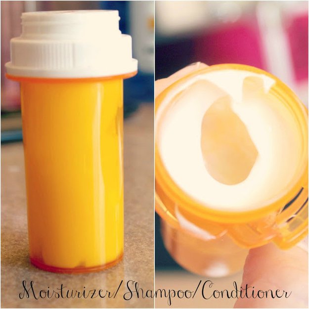 Use a pill bottle to store your shampoo or conditioner | 15 Awesome DIY Uses for empty Pill Bottles | https://diyprojects.com/15-awesome-diy-uses-for-pill-bottles/
