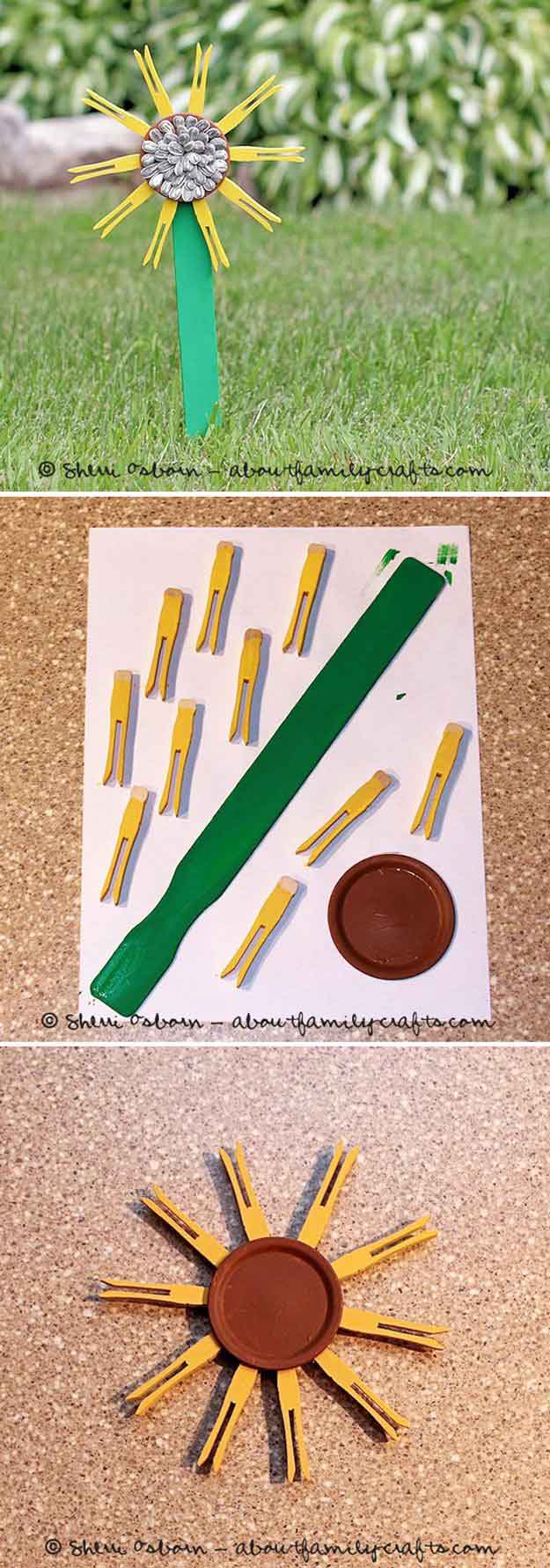 Clothespin Sunflower Craft | 17 Amazing DIY Paint Chip Projects 