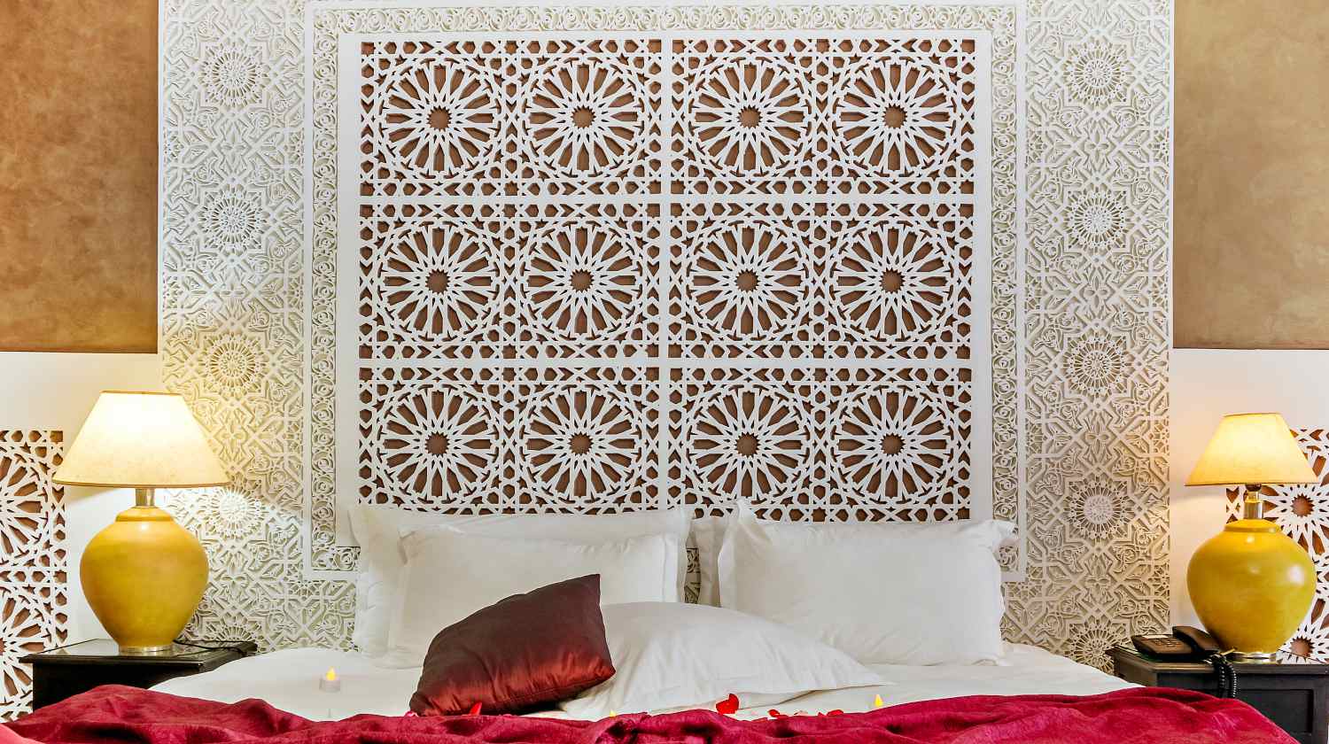 Beautiful hotel bedroom with a carved headboard in Arabic style | DIY Headboards For Your Home And Bedroom Makeover | Featured