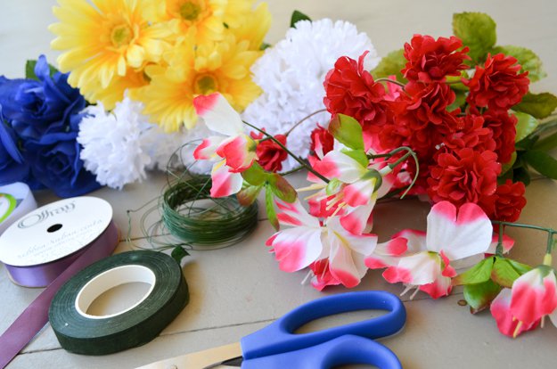 Faux flowers, scissors, tape | How to Make a Flower Crown | Pretty Flower Headbands