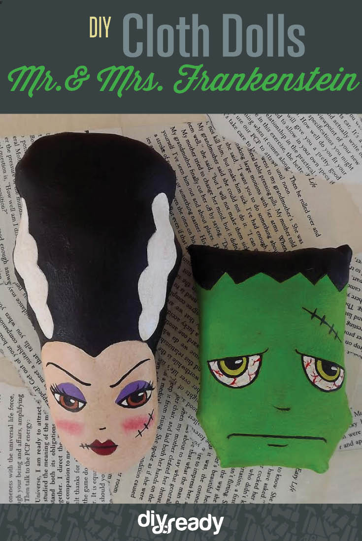 DIY cloth dolls - Mr. & Mrs. Frankenstein, check it out at https://diyprojects.com/halloween-arts-and-crafts-diy-mr-mrs-frankenstein-cloth-dolls