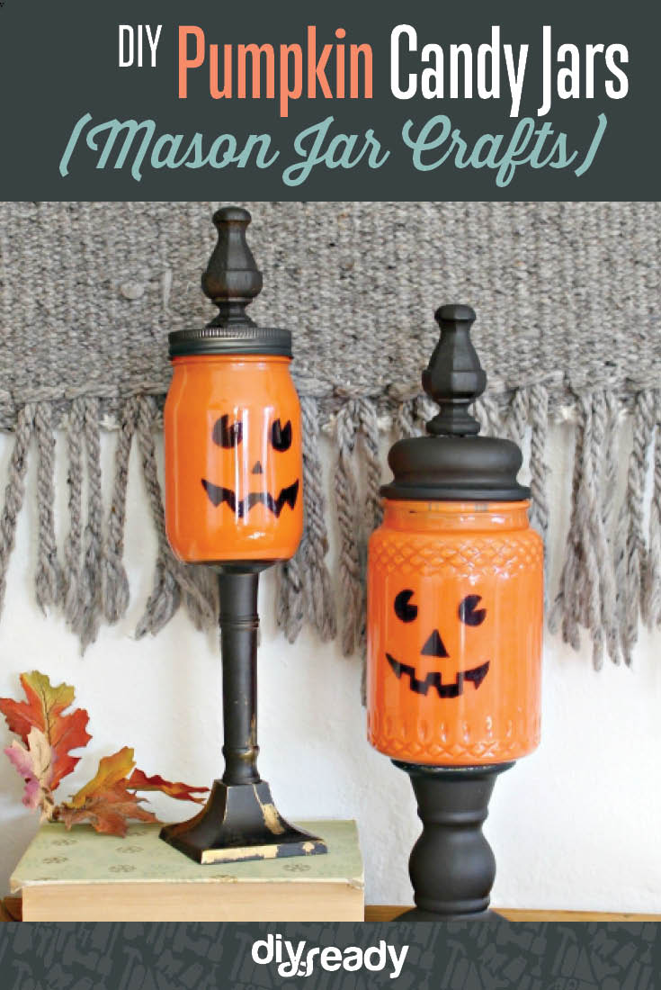 pumpkin mason jar crafts, see more at https://diyprojects.com/mason-jar-crafts-pumpkin-candy-jars