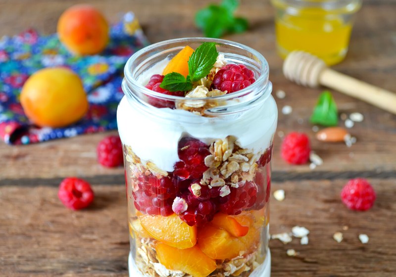 homemade yogurt granola almonds peaches raspberries | dairy free gluten free dessert
