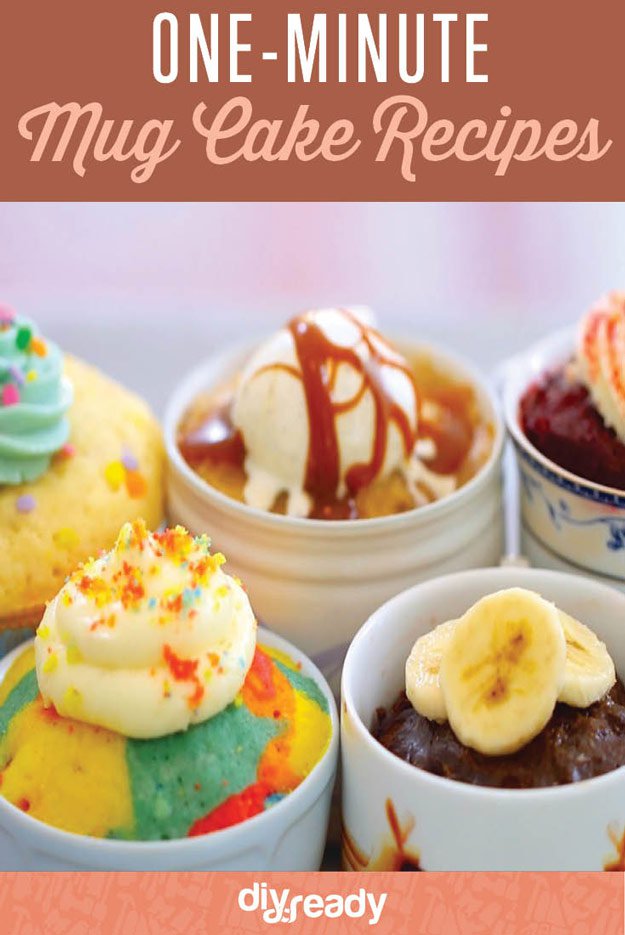 5 Mug Cake Recipes To Satisfy Your Sweet Tooth | These adorable mug cake recipe ideas are perfect, and they each take less than 1 minute in the microwave! Click through for funfetti mug cake, chocolate mud cake, chocolate banana mug cake, red velvet mug cake, and rainbow mug cake. https://diyprojects.com/mug-cake-recipes