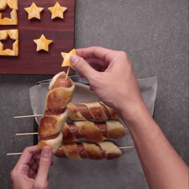 Hotdog Fireworks Homemade Recipe for 4th of July - attach stars to baked hot dogs