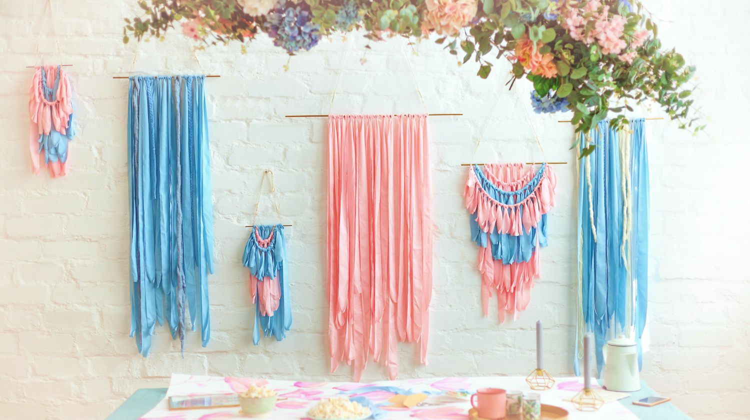 Featured | Pink and blue silk macrame on the white brick wall | DIY Macrame Wall Hanging Ideas