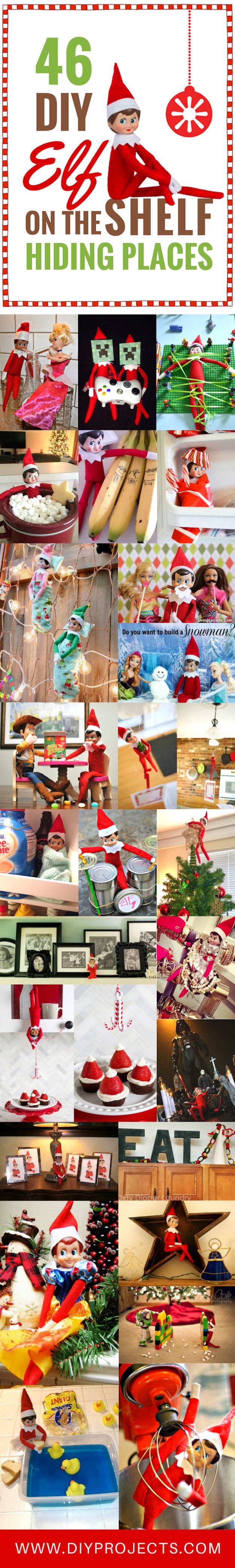 46 DIY Elf on the Shelf Hiding Places | Hide your Elf on the Shelf all around the house in fun and silly places. Every morning your child wakes up to a new Elf on the Shelf adventure! See all 46 on https://diyprojects.com/diy-elf-on-the-shelf-hiding-places/