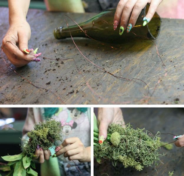 Step 7: Cover Roots With Moss | Wine Bottle Crafts | How To Make Wine Bottle Planters