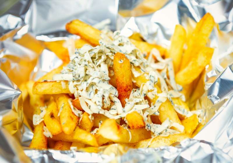 french fries blue cheese served aluminium | smoke bbq recipes