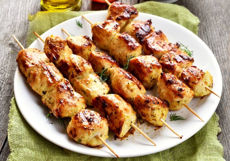 grilled chicken on bamboo skewers white