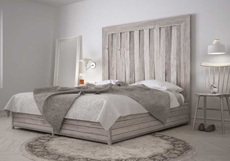 DIY bedroom, bed with wooden headboard, scandinavian white eco chic design | DIY Platform Bed And Salvaged Door Headboard