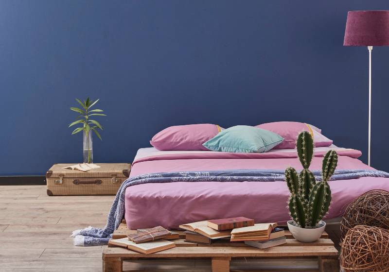 Modern bed room with pallet and blue pink wall home decoration | Cute Girl Bed