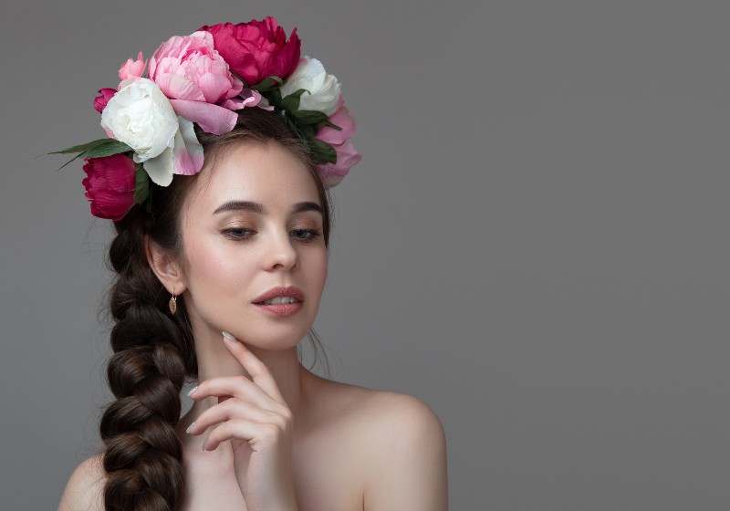portrait of a young woman with a rim of peonies on her head | Peony Headband