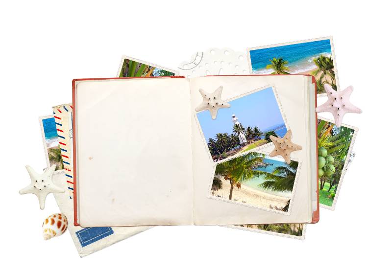 Travel concept. Opened book with empty pages, vintage photos, retro postcard, label, starfish and shell | Travel Scrapbook