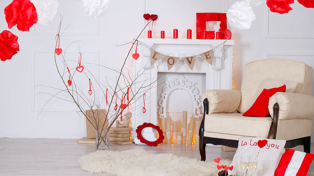 Bright interior with fireplace decorated for Valentines Day | Easy Last-Minute Valentine's Day Decorations | valentines day decorations | diy valentine decorations | Featured