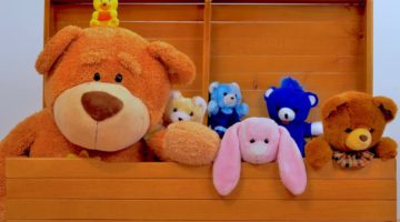 Child trunk with a big teddy bear and small plush toys | DIY Toy Storage Box You Can Make With Your Kids | featured