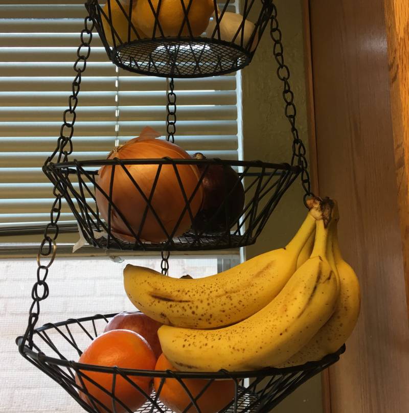 three tier hanging basket bananas oranges | interior design hacks