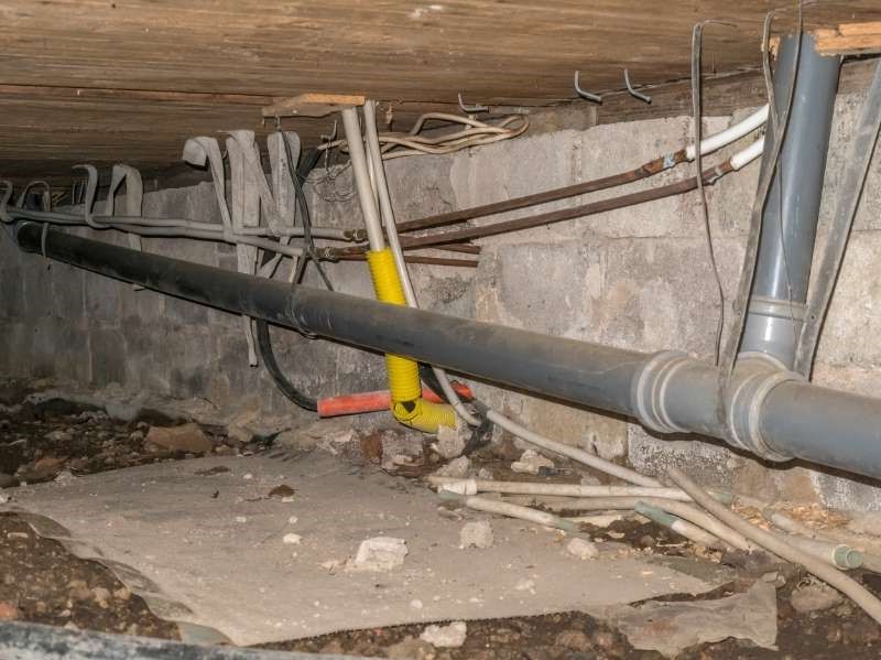 MADerBxLe50-suspended-foundation-under-old-house-is-often-called-crawl-pipes-for-drain-sewer-water-and-electricity | what is the best way to insulate a crawl space with a dirt floor