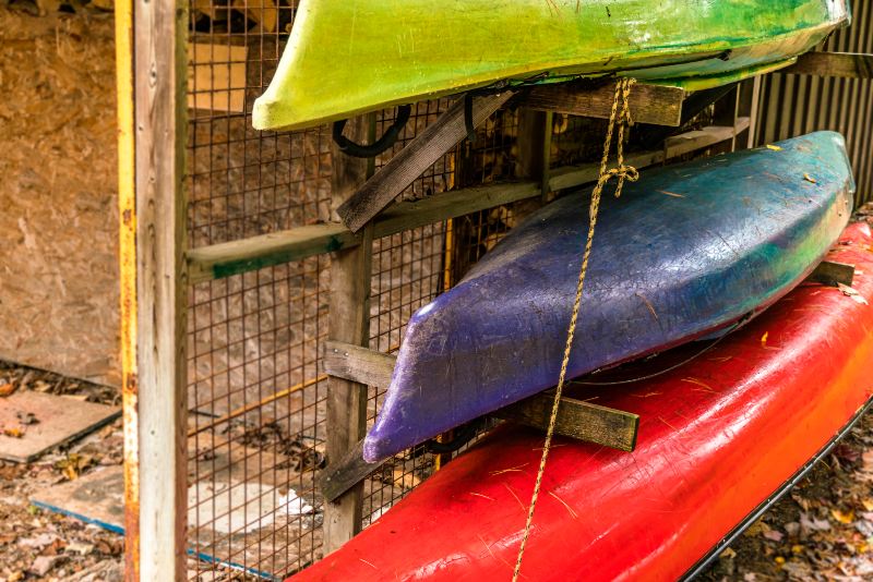 Kayak Stacked on Wooden Rack for Storage | DIY Kayak Rack