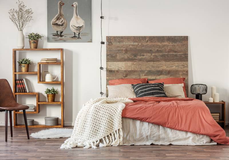 Beautiful bedroom interior with king size bed wooden headboard | DIY Headboard and Bedframe