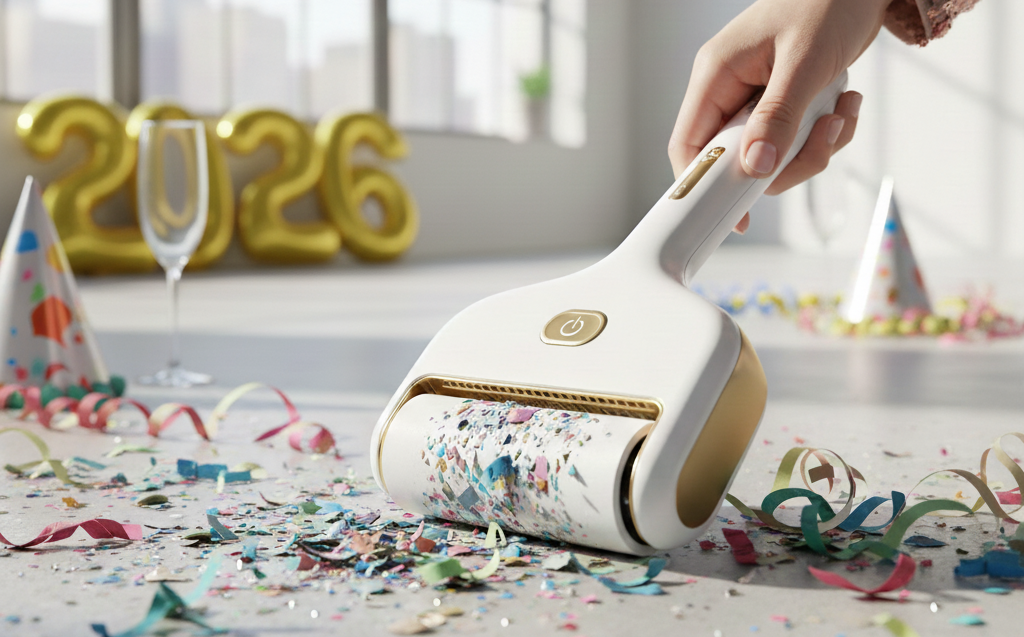 Handheld electric roller vacuum cleaning colorful confetti after DIY confetti poppers at a New Year’s Eve party, with party hats and 2026 balloons in the background.