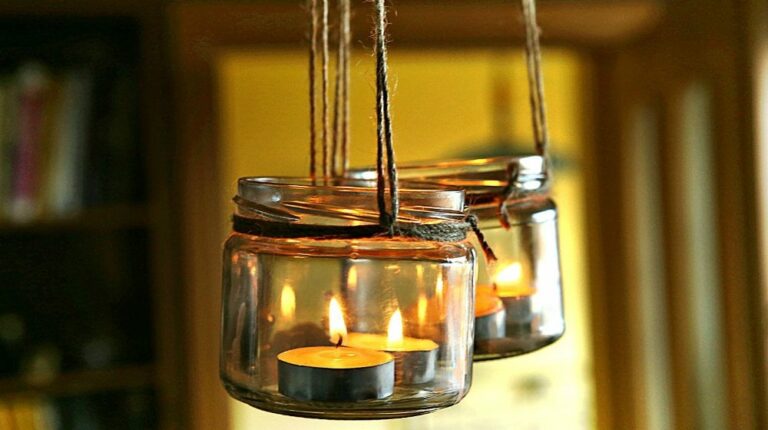 DIY candles in glass jars hanging in interior | 4th Of July Mason Jar Lanterns | DIY Lighting And Decor | Feature