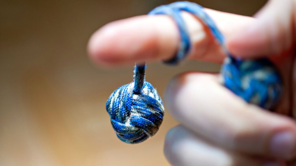 Featured | Monkey fist hanging from a finger | How To Make A Giant Monkey Fist Paracord Project