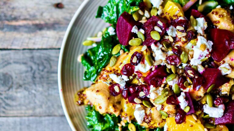 Feature | Healthy salad with grilled chicken,kale.beets and goat cheese | Citrus And Goat Cheese Smoked-Chicken Summer Salad