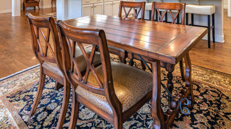 Rectangular brown wooden dining table and wooden chairs | How To Restore Furniture | how to refinish a table | Featured