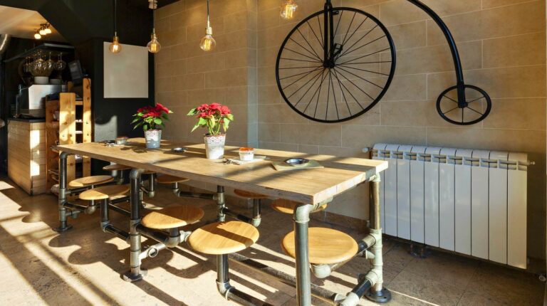 Featured | Retro coffee bar interior | DIY Pipe Leg Table | Workbench Plans And Rustic Furniture Tutorial