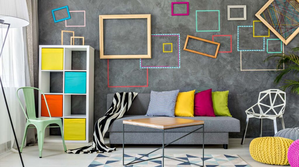Featured | Spacious apartment in grey with colorful wall decor and sofa | Simple Living Room Shelving Ideas