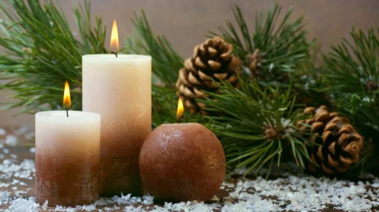 three candles pine branches cones | DIY Fresh Forest Pine Scented Candle | Featured