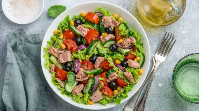 Tuna salad in white bowl | Healthy Super Bowl Recipes You Can Make For Game Day | healthy snacks | Featured