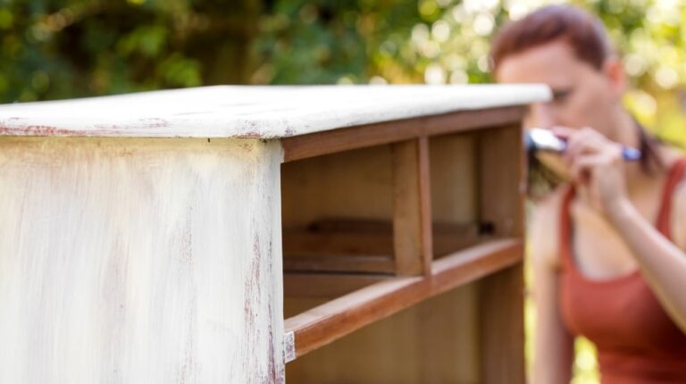 Woman Painting Old Dresser Outdoor White | DIY Dresser | Featured