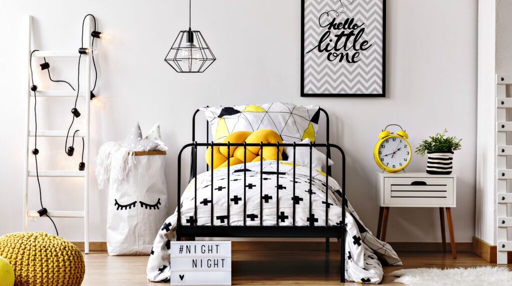 Yellow funny clock and plant on nightstand in white child's bedroom | Creative DIY Nightstands | Bedroom Decorating Ideas | Featured