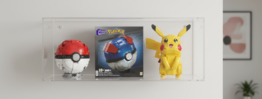 LEGO Pokémon display on a wall-mounted shelf featuring Charizard, Eevee, and a Poké Ball build, shown on a wood shelf with a clear acrylic front for a dust-proof, collector-style setup.