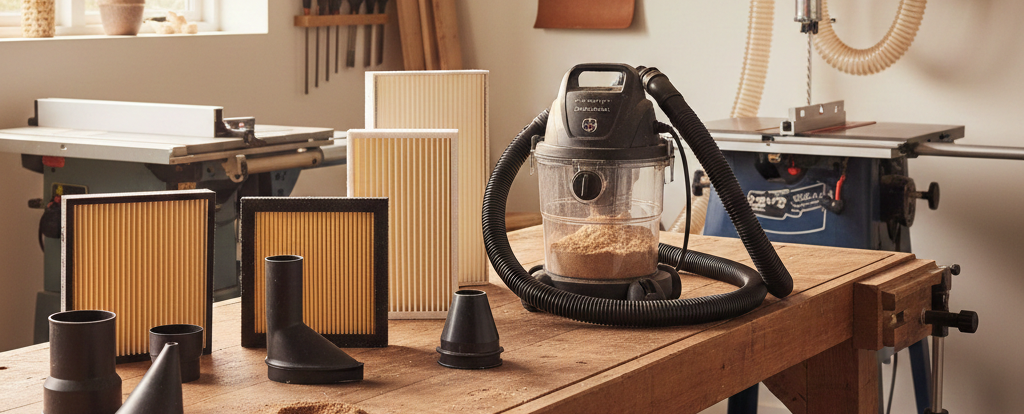 Tool maintenance checklist setup showing a shop vacuum, pleated filters, and dust collection attachments on a woodworking bench in a home workshop.