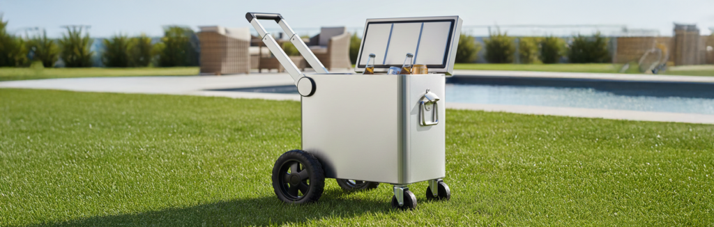 DIY rolling cooler cart on grass next to a pool, featuring a handle, caster wheels, and bottles inside, ready for outdoor events or tailgates