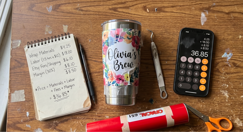 Cricut pricing formula written by hand in a spiral notebook next to a personalized floral tumbler, Oracal 651 vinyl roll, weeding tool, scissors, and an iPhone calculator showing $36.85.