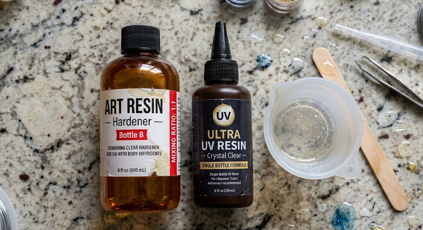 Cloudy resin jewelry fix starts with knowing your product: epoxy hardener with a 1:1 mixing ratio on the left, single-bottle UV resin on the right, both on a granite craft surface with mixing tools nearby.
