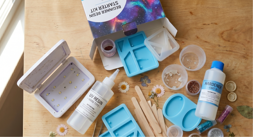 A beginner resin starter kit unboxed on a wooden table showing both UV resin vs epoxy resin components: a UV lamp, resin bottle, hardener bottle, blue silicone molds, wooden stir sticks, glitter pigments, and mixing cups, shot from above in natural window light.