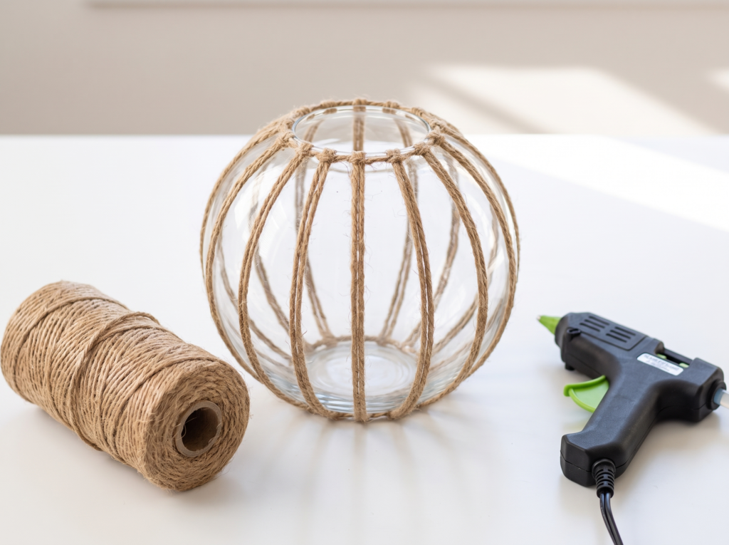 Clear glass bowl wrapped in crisscrossed jute twine ribs beside a twine roll and hot glue gun