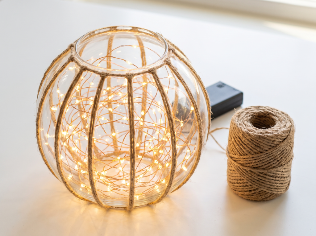 Twine wrapped glass bowl glowing with warm white fairy lights and the battery pack tucked behind it