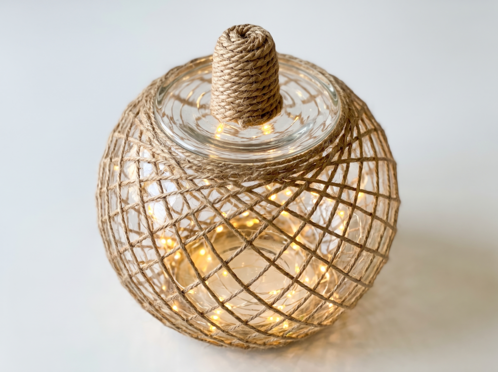 Coiled jute twine stem glued onto the top of a glowing twine wrapped glass pumpkin