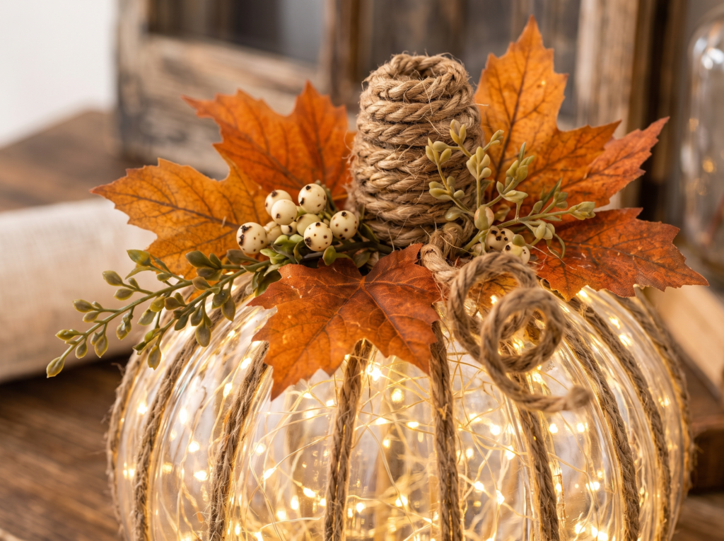 Close up of faux maple leaves berries and a curled twine tendril at the base of a glowing glass pumpkin stem