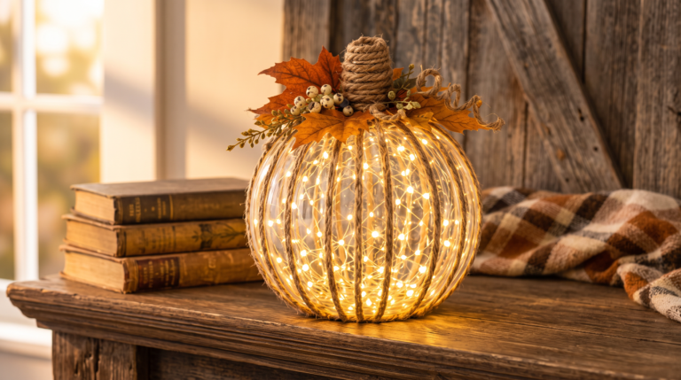 DIY glowing glass pumpkin made from a twine-wrapped glass bowl lit with warm fairy lights, styled with faux maple leaves on a wood mantel.