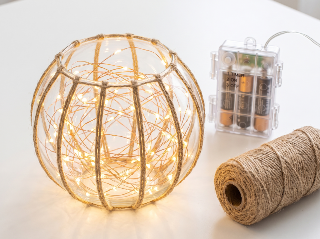 Twine wrapped glass bowl glowing with warm white fairy lights beside a jute twine roll and a clear battery box holding three AA batteries
